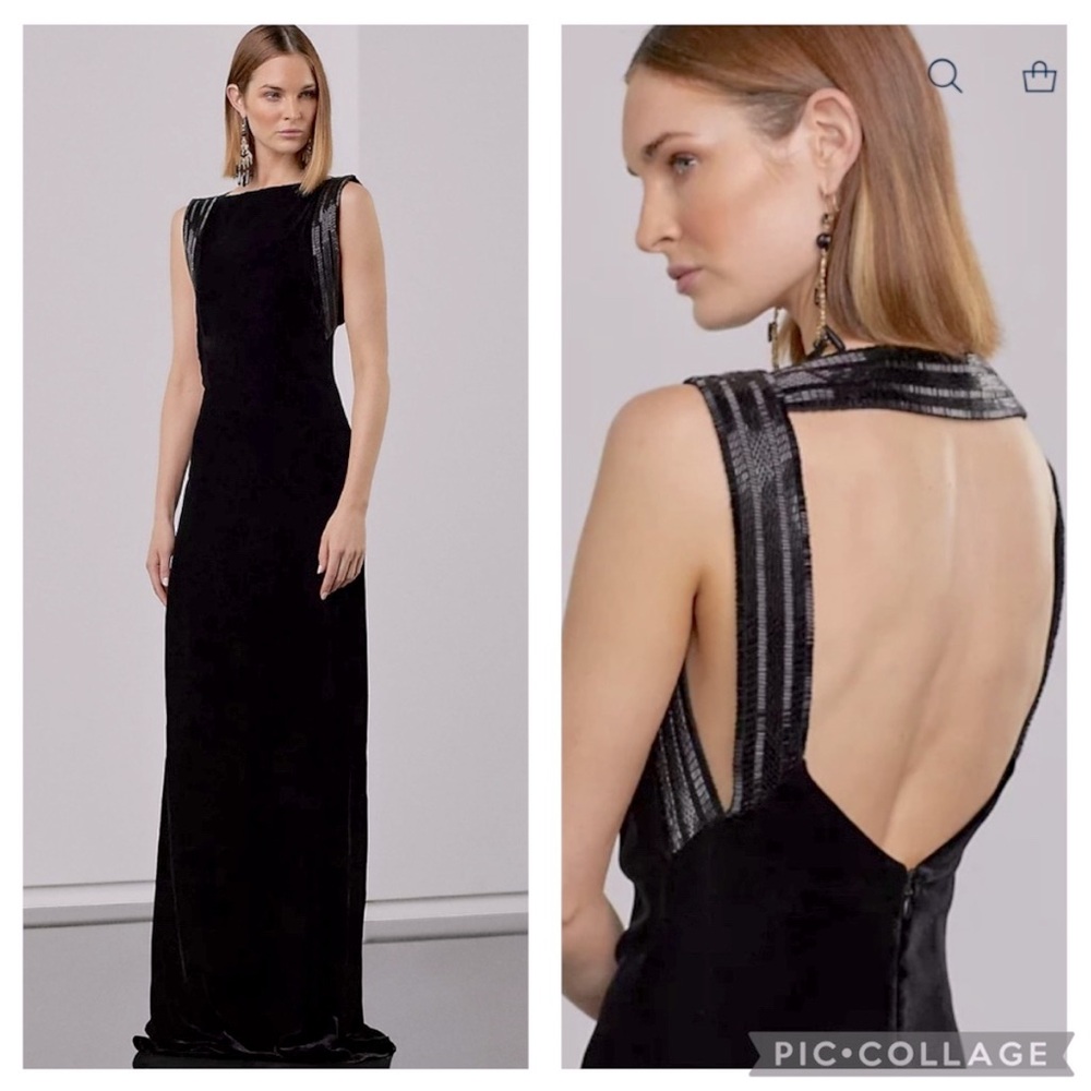 RALPH Lauren Purple Label Kelli Embellished Velvet Evening Column Dress Gown